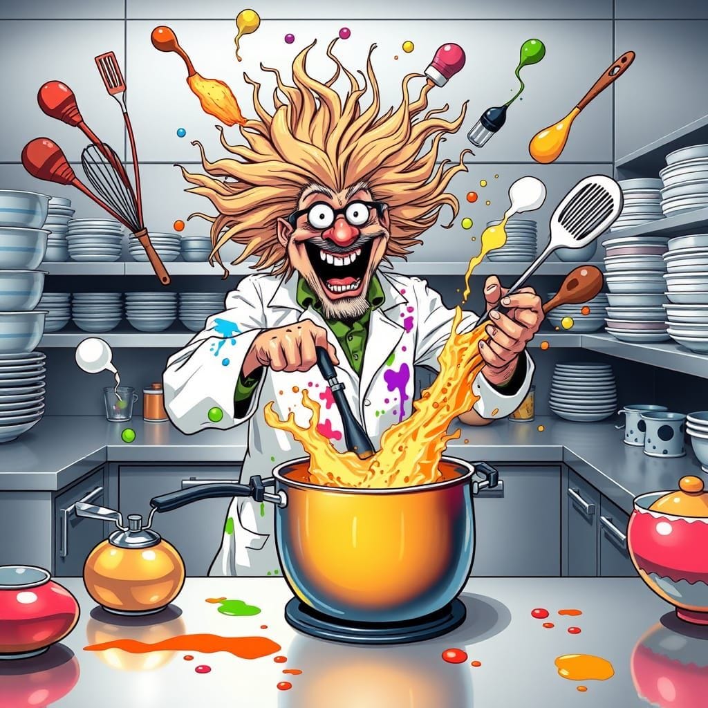 mad scientist cooking like crazy in a food kitchen