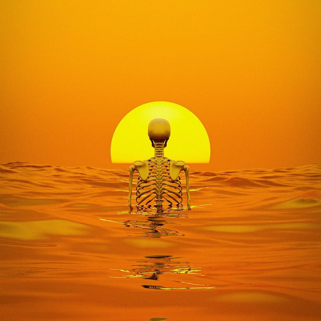 A skeleton floating in the ocean at sunset A skeleton floating in the ocean at sunset