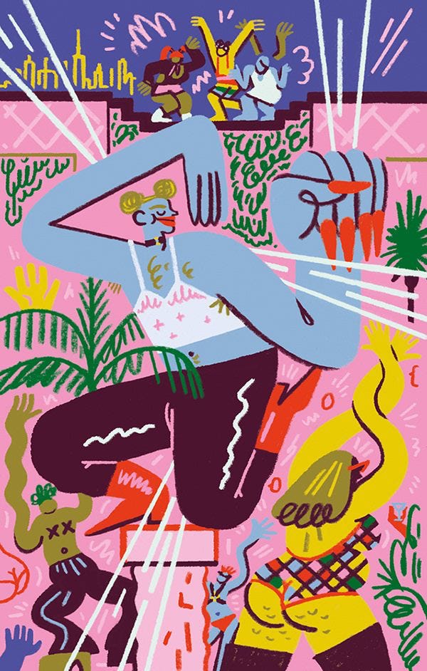 An illustrated cub scene with people dancing in bathing suits, no shirts, crop tops and short shorts as rays of music cut across the image. Some people are dancing on a wall and behind it is the NYC skyline An illustrated cub scene with people dancing in bathing suits, no shirts, crop tops and short shorts as rays of music cut across the image. Some people are dancing on a wall and behind it is the NYC skyline