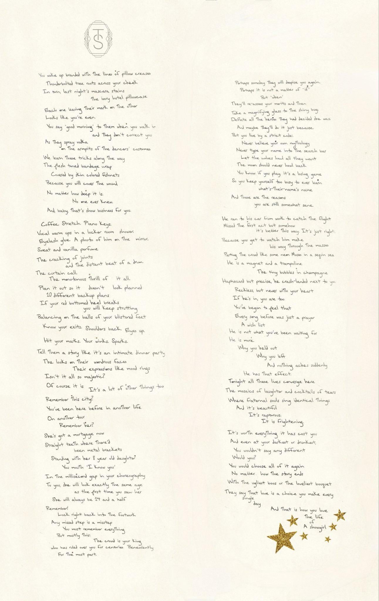 All the poems put together make the prologue for The Life Of A Showgirl :  r/TaylorSwift