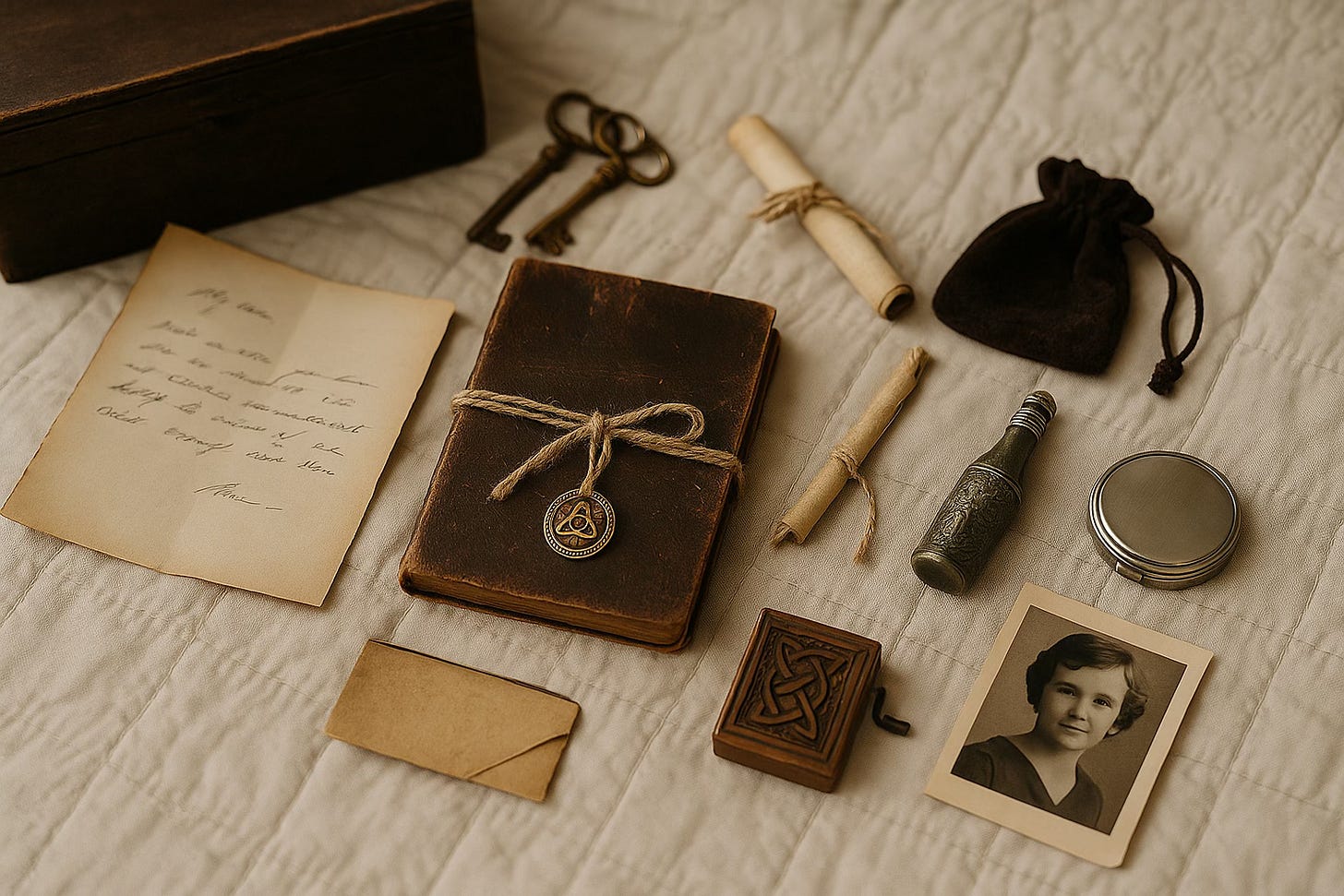 A photograph displays nine vintage items arranged neatly on a patterned bedspread. Items include a weathered journal, a sealed envelope labeled “Jia,” a pair of antique keys, a small rolled parchment tied with a ribbon and quill, a drawstring pouch, a round compact mirror, a small metal bottle, a miniature music box with a winding key, and a photo envelope. The scene evokes a sense of mystery and personal history.