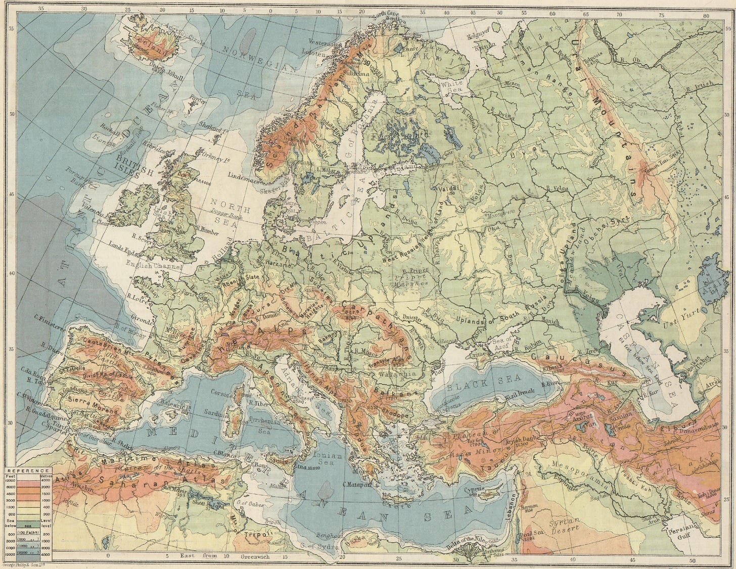 A topographical map of Europe. A topographical map of Europe.