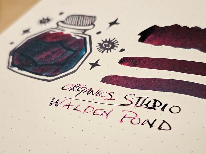 Four photos of a custom made stamp featuring an ink bottle, soot sprites, and sparkles.