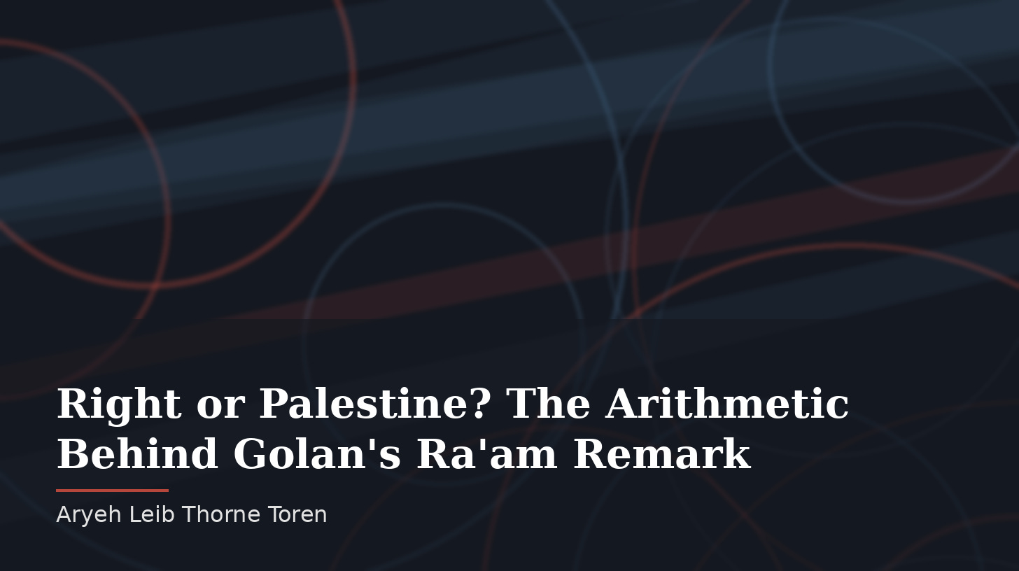 Abstract dark slate image with overlapping blue and muted-red bands and arcs, with the title "Right or Palestine? The Arithmetic Behind Golan's Ra'am Remark" in white serif text and the byline "Aryeh Leib Thorne Toren" below.