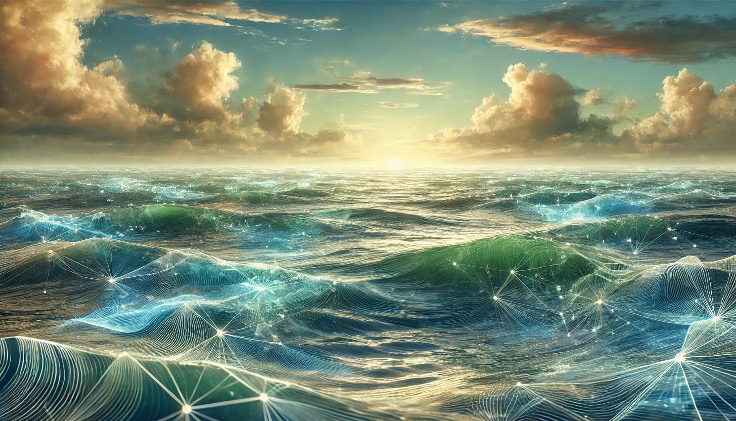 A more naturalistic seascape symbolizing the future of AI and security. The ocean waves gently roll under a bright, soft sky, reflecting hues of blue and green. Subtle neural network patterns are faintly woven into the surface of the water, blending seamlessly with the natural sea elements. In the distance, a golden horizon shines, symbolizing the future of AI, while subtle hints of security symbols like locks and shields are barely visible, softly merging with the landscape. The overall scene feels organic and serene, with a natural balance between technology and the beauty of the ocean.