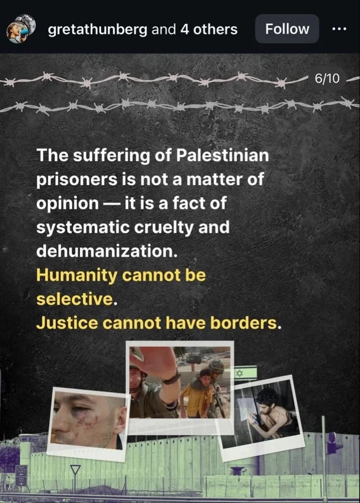 A social media post from Greta Thunberg and 4 others with a quote about the suffering of Palestinian prisoners, stating "Humanity cannot be selective. Justice cannot have borders." The post includes three smaller images depicting: a man with injuries on his face, soldiers with a child, and a thin man drawing. Barbed wire is at the top of the image and a concrete wall is at the bottom.