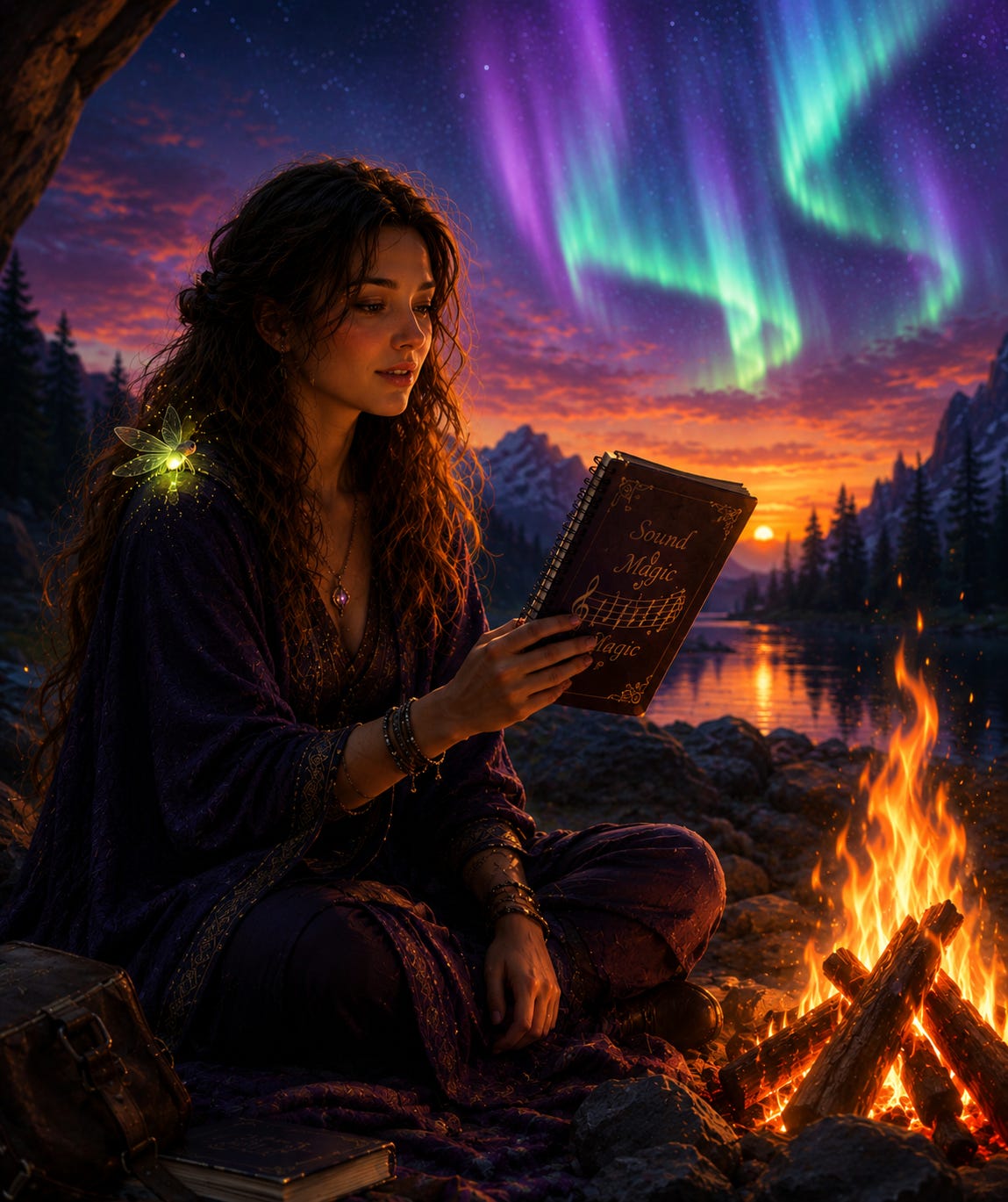 Angelika reading her notebook by the fire. Angelika reading her notebook by the fire.