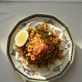 Crunchy Brussels sprouts & halloumi winter salad with a harissa crumb 