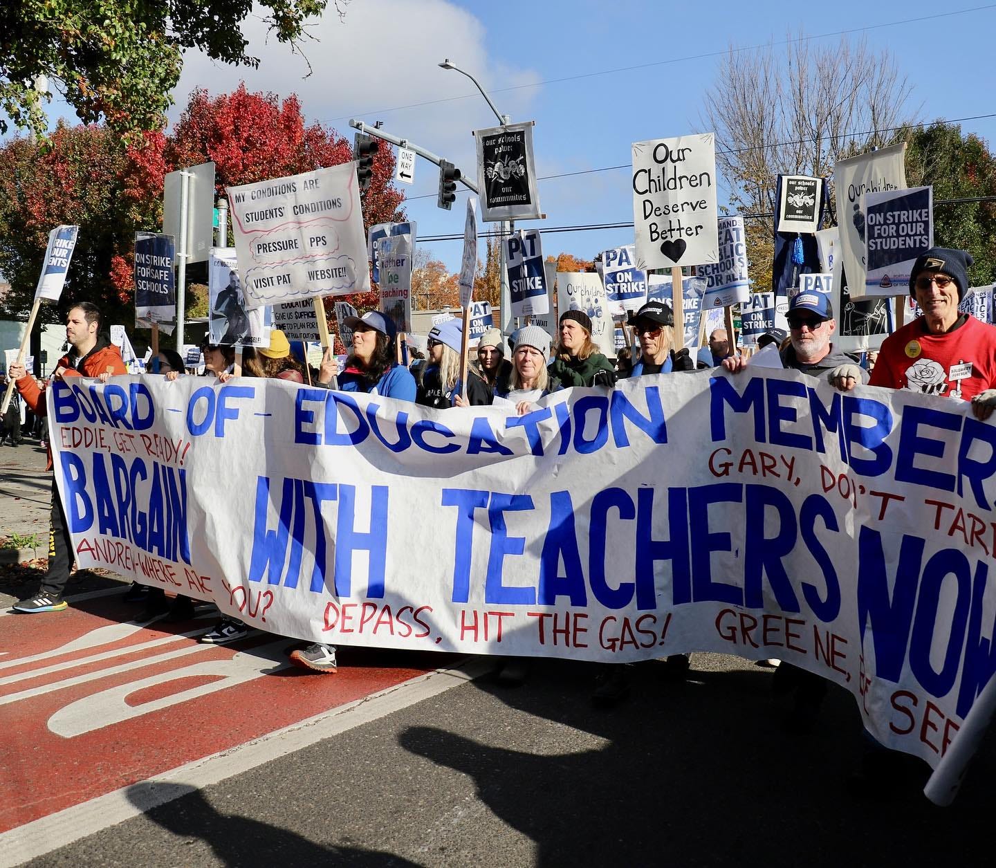 May be an image of 5 people, crowd and text that says 'CONDITIONS STUDENTS' CONDITIONS PRESSURE PPS VISITPAT WEBSITE!! Our Children Deserve Des Better PA TRIK BUIRD OF EDUCATION MEMBA HITH TEACHE DEPASS, HITE'
