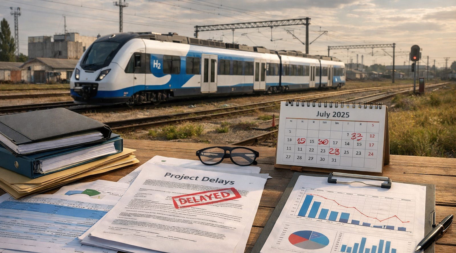 Illustration of a hydrogen train procurement as a policy and governance failure rather than a technology success.