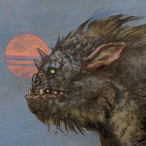 LEFT: Work-in-progress photo of TABLETOP RAMBLER on the board covering the drafting table. The figure, setting, and moon in the background are all present. CENTER: Figure detail of TABLETOP RAMBLER padding in profile along rocky terrain. Its front paw is poised to take a step, moving in unison with one back leg that has just parted from the ground. With long ear pinned back against its body, there’s a sense of motion. RIGHT: Facial detail of TABLETOP RAMBLER featuring the head of the creature with eyes glowing, a dot of green focused past the full salmon pink moon and off panel left.