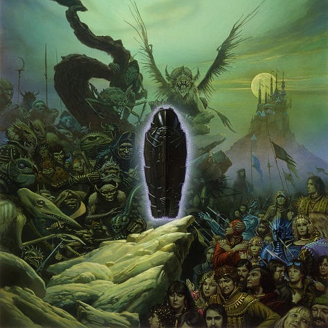 LEFT: Detail from THE ADVERSARY featuring a black metal sarcophagus crackling with purple energy as it hovers mid air. In the background left, creatures of all variety gather while on the right a cast of humans congregate. The human wardrobe varies from rich cloth to humble robes to blue spiked armor. CENTER: Creature detail from THE ADVERSARY featuring monsters, including a spider, lizard-man, and a rat-faced humanoid. Foremost among them is a creature with long birdlike beak. Three cords dangle from its thin forelimb, which ends in an insectile claw. The emblems hanging there feature the copyright symbol, the artists sigil—a stylized M and W combined within a circle—and the date 84. RIGHT: Background detail from THE ADVERSARY featuring a cast of dozens of humans that includes a young Alexa flashing dimples at the bottom edge of the panel. Audrey is mixed into the crowd behind an arrogant man with golden circlet in his red hair, who is decked out in golden jacket.