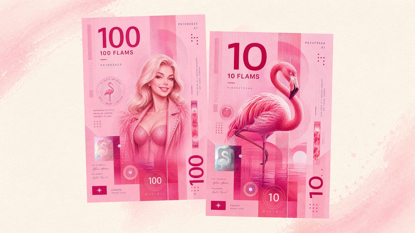 Two illustrated flamingo banknotes, a 100 Flams note featuring Pinkie and a 10 Flams note featuring a baby flamingo, on a blush background