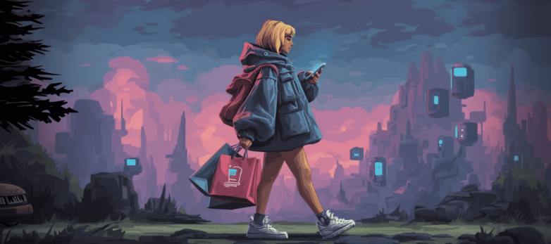 A young woman walking through a futuristic landscape, holding shopping bags and looking at her phone, with a surreal backdrop of towering structures and a colorful sky. A young woman walking through a futuristic landscape, holding shopping bags and looking at her phone, with a surreal backdrop of towering structures and a colorful sky.