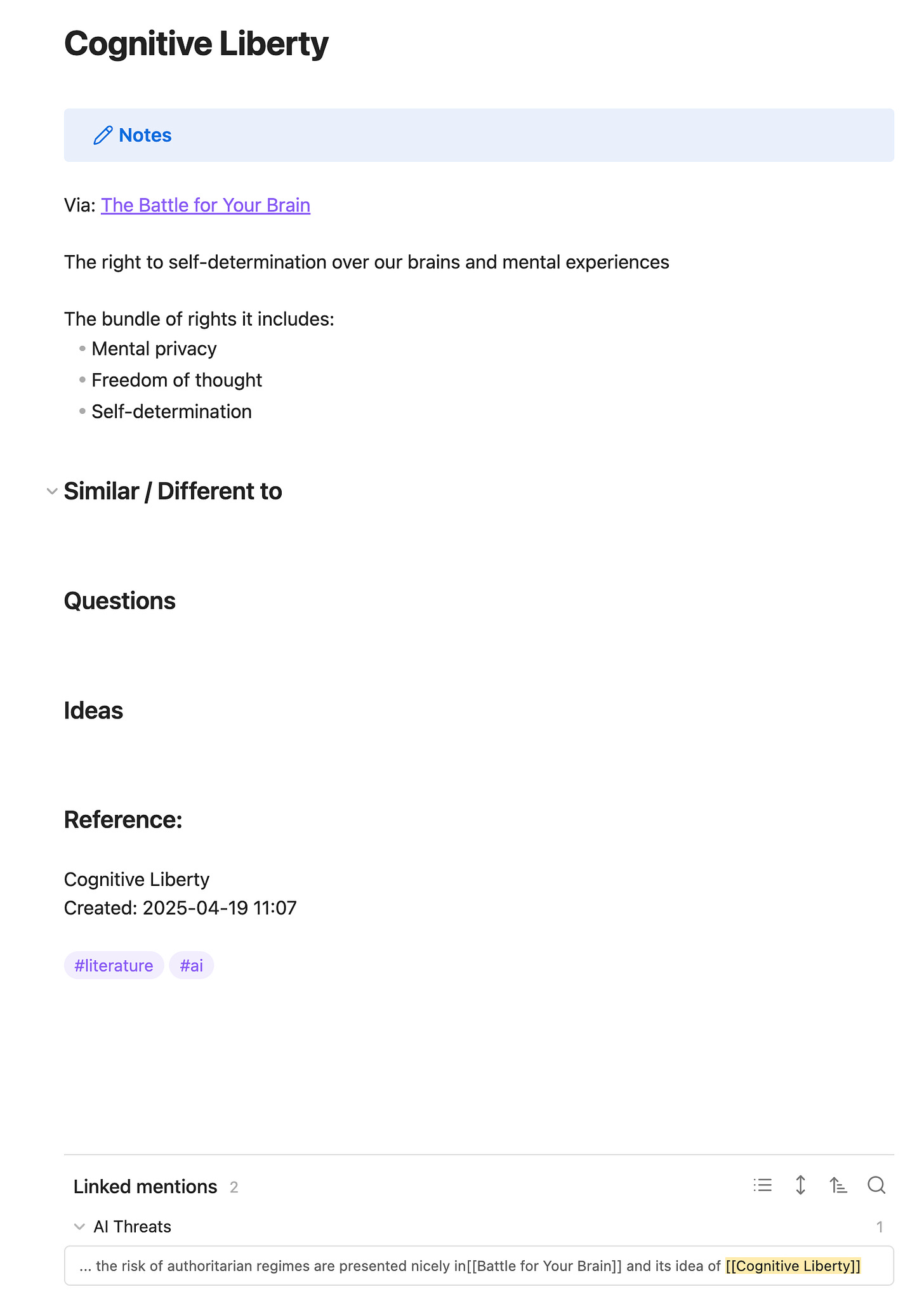Obsidian note using template for Zettelkasten literature note