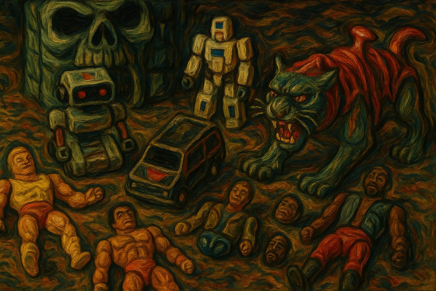 Expressionist oil painting of vintage toys scattered on a patterned surface. Castle Grayskull looms in the background, with a robot, transformer, black van, and Battle Cat in red armor. In the foreground, He-Man and other action figures lie sprawled, their forms warped by swirling brushstrokes in dark greens, reds, and yellows, creating a nightmarish, surreal atmosphere. Expressionist oil painting of vintage toys scattered on a patterned surface. Castle Grayskull looms in the background, with a robot, transformer, black van, and Battle Cat in red armor. In the foreground, He-Man and other action figures lie sprawled, their forms warped by swirling brushstrokes in dark greens, reds, and yellows, creating a nightmarish, surreal atmosphere.