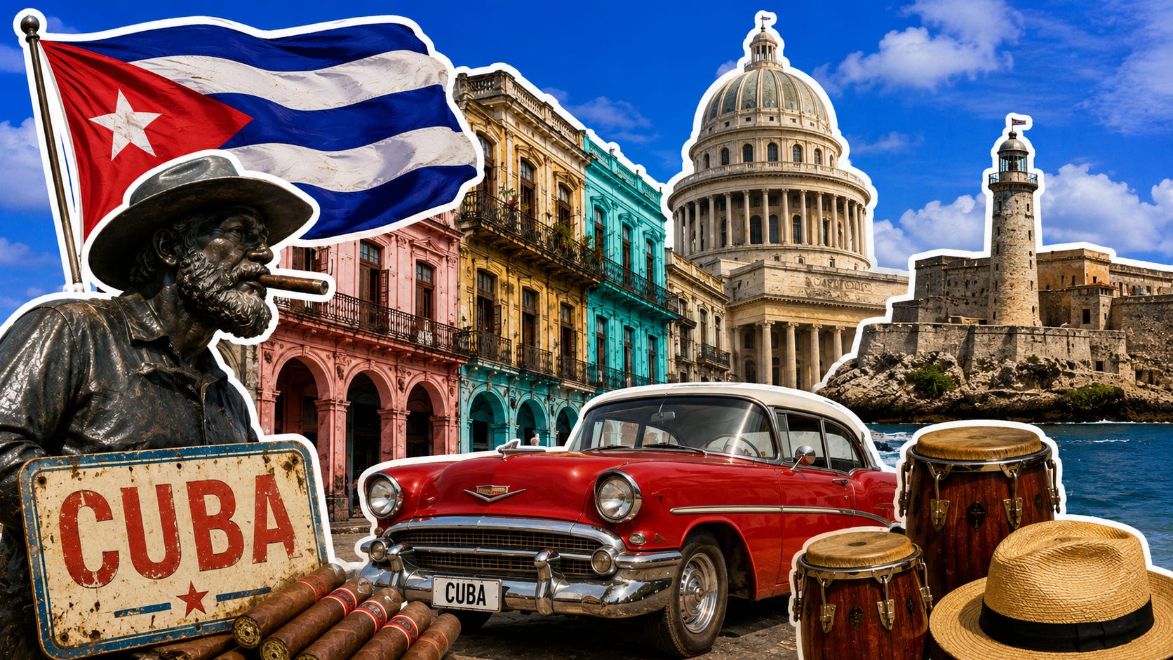 Illustration depicting iconic Cuban landmarks, culture, music, heritage and classic Havana imagery, created in a contemporary collage style. Illustration depicting iconic Cuban landmarks, culture, music, heritage and classic Havana imagery, created in a contemporary collage style.