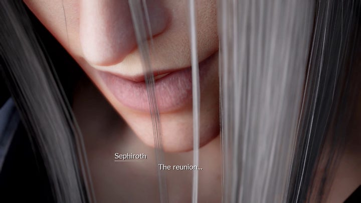 Cloud sees another black-robed man as Sephiroth and is confronted with the Reunion.