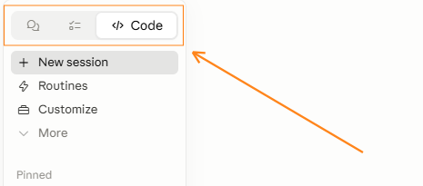 Claude Desktop top navigation bar with Chat, Cowork, and Code tabs, arrow highlighting the Code tab. Claude Desktop top navigation bar with Chat, Cowork, and Code tabs, arrow highlighting the Code tab.