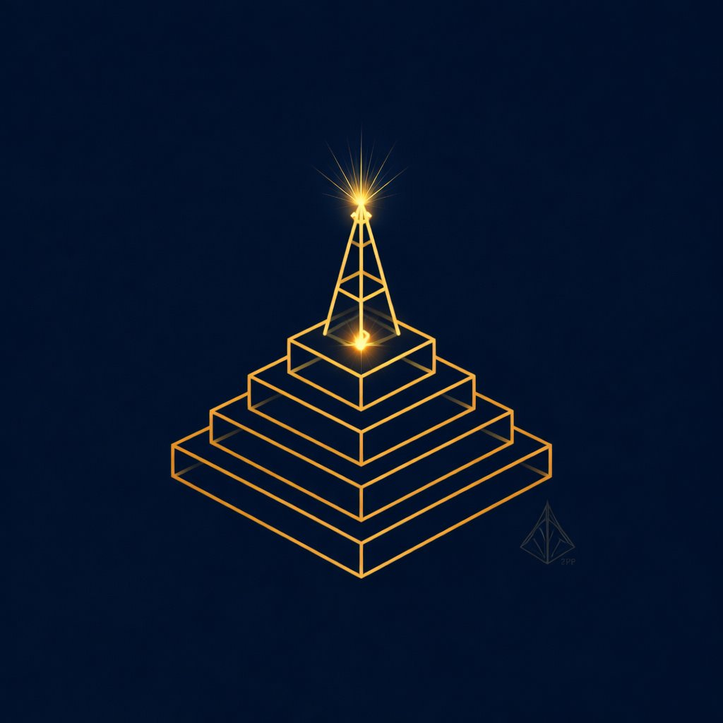 The Visible Practitioner Method 2026. Gold architectural foundation blocks building upward into a signal tower on deep navy background representing structured AI visibility infrastructure for small businesses.