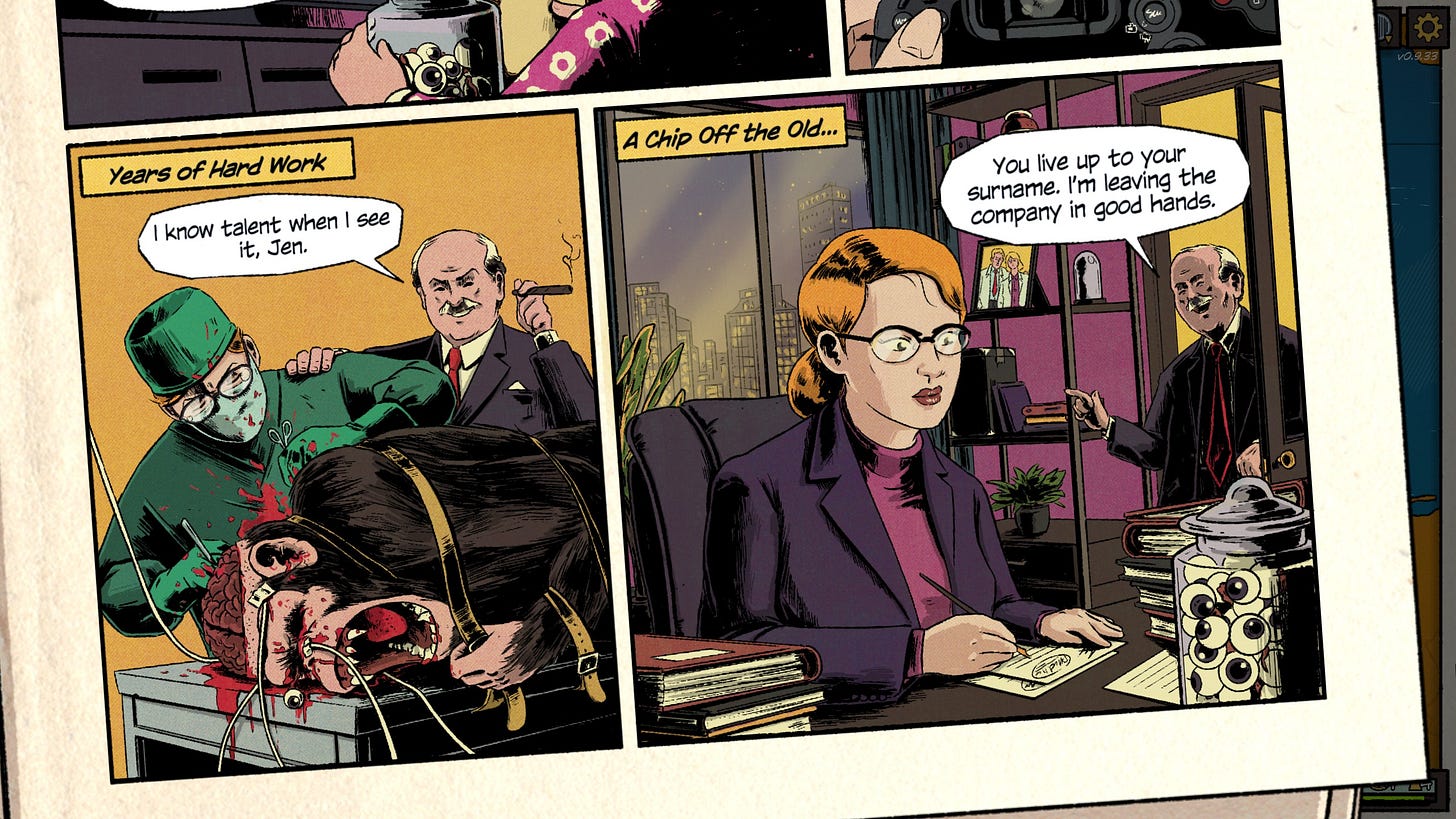 A screenshot of the game The Fabulous Fear Machine showing two comic panels where the main character in the initial campaign appears dissecting monkeys and working late nights.