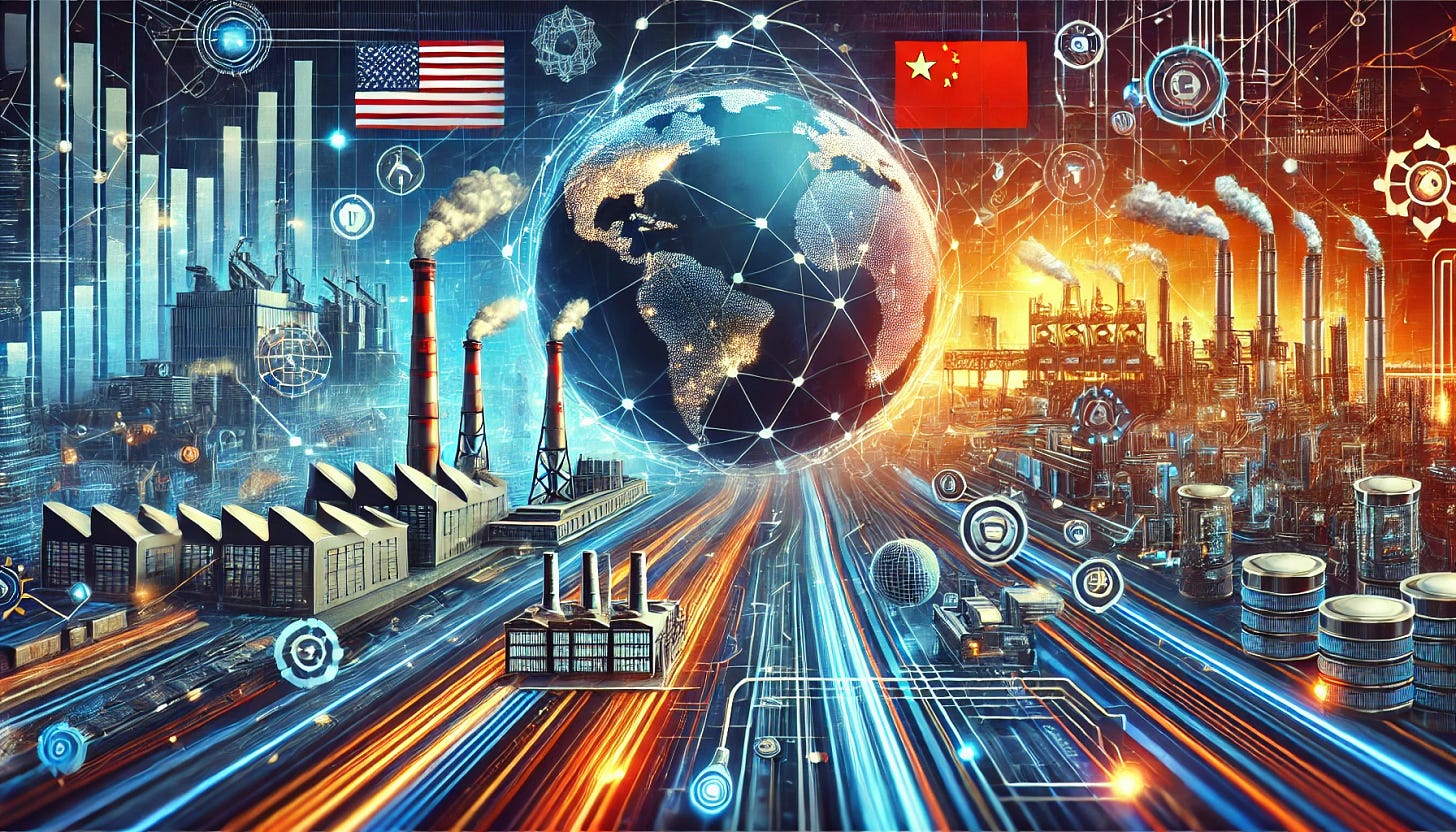 A dynamic and futuristic horizontal illustration representing the global race for AI and semiconductor supply chains. The image should depict major geopolitical players such as the US, China, and the EU, with their respective technological advancements, factories, and supply chains. The background should show interconnected networks of AI and semiconductor technologies, with sleek, modern elements symbolizing the growing importance of these industries in a global context. The overall design should convey a sense of urgency, competition, and innovation, using vibrant and eye-catching colors.