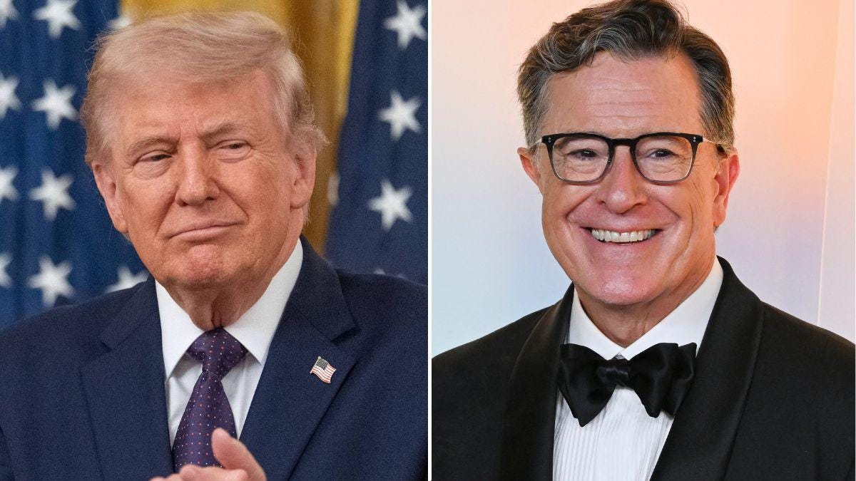 split image of Donald Trump and Stephen Colbert split image of Donald Trump and Stephen Colbert