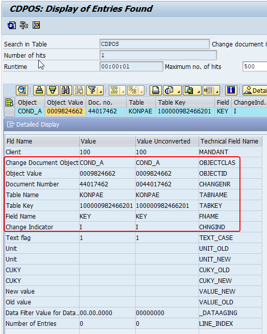Sample CDPOS table entry with fields Change Document, object value, table name, table key, field name, change indicator. Sample CDPOS table entry with fields Change Document, object value, table name, table key, field name, change indicator.
