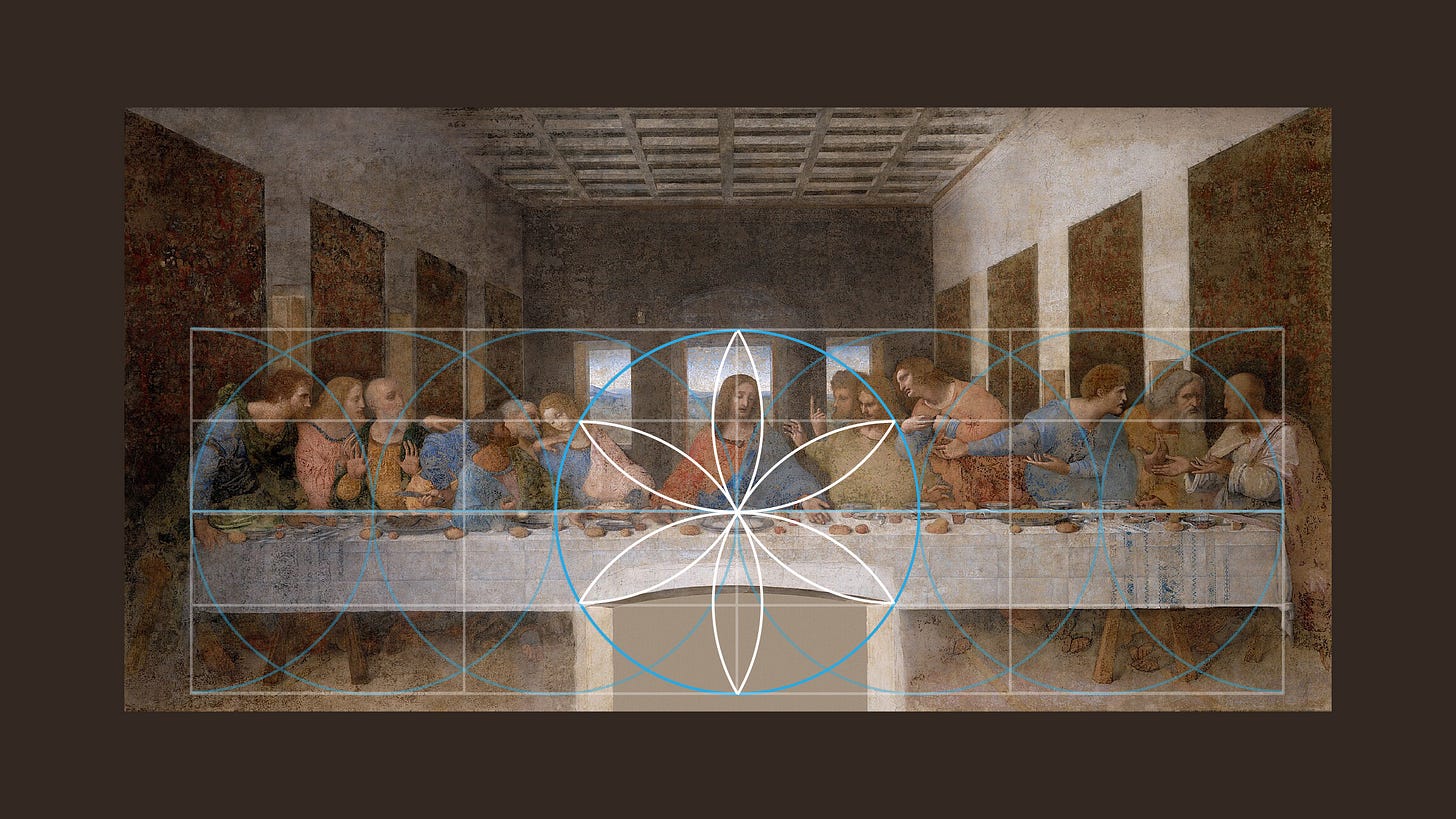 The rectilinear and curvilinear measures and harmonies of Leonardo’s Last Supper, with the six-petaled/six vesicae piscium “Flower of Life” drawn in the central circle (r = the hand width of the Divine Son). Illustration by Lori Tompkins.