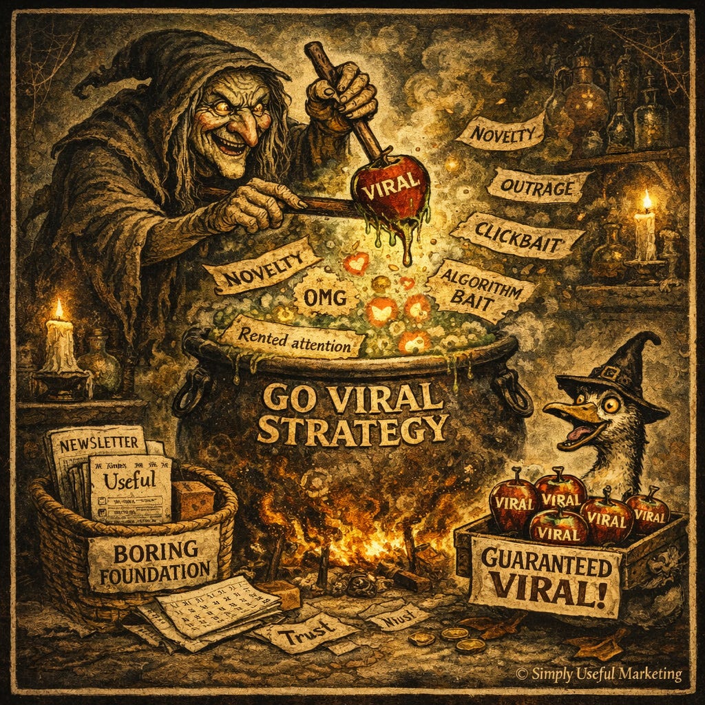 Vintage poster-style illustration of a grinning witch stirring a bubbling cauldron labeled “GO VIRAL STRATEGY,” dropping in a dripping red apple labeled “VIRAL.” Paper labels float around the steam — “NOVELTY,” “OUTRAGE,” “CLICKBAIT,” “ALGORITHM BAIT,” “OMG,” and “Rented attention” — while heart-shaped “likes” rise like sparks. At left, a basket labeled “BORING FOUNDATION” holds a “Newsletter” and a page marked “Useful.” At right, a small goose in a witch hat gawks beside a crate of “VIRAL” apples labeled “GUARANTEED VIRAL!” Copyright “© Simply Useful Marketing” appears at the bottom. Vintage poster-style illustration of a grinning witch stirring a bubbling cauldron labeled “GO VIRAL STRATEGY,” dropping in a dripping red apple labeled “VIRAL.” Paper labels float around the steam — “NOVELTY,” “OUTRAGE,” “CLICKBAIT,” “ALGORITHM BAIT,” “OMG,” and “Rented attention” — while heart-shaped “likes” rise like sparks. At left, a basket labeled “BORING FOUNDATION” holds a “Newsletter” and a page marked “Useful.” At right, a small goose in a witch hat gawks beside a crate of “VIRAL” apples labeled “GUARANTEED VIRAL!” Copyright “© Simply Useful Marketing” appears at the bottom.