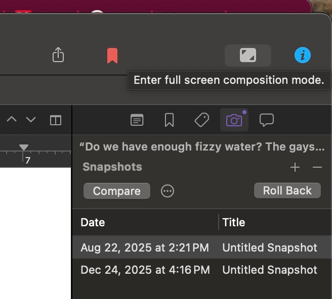 Left: Scrivener interface, composition button; Right: Composition mode in Scrivener, white text on black.