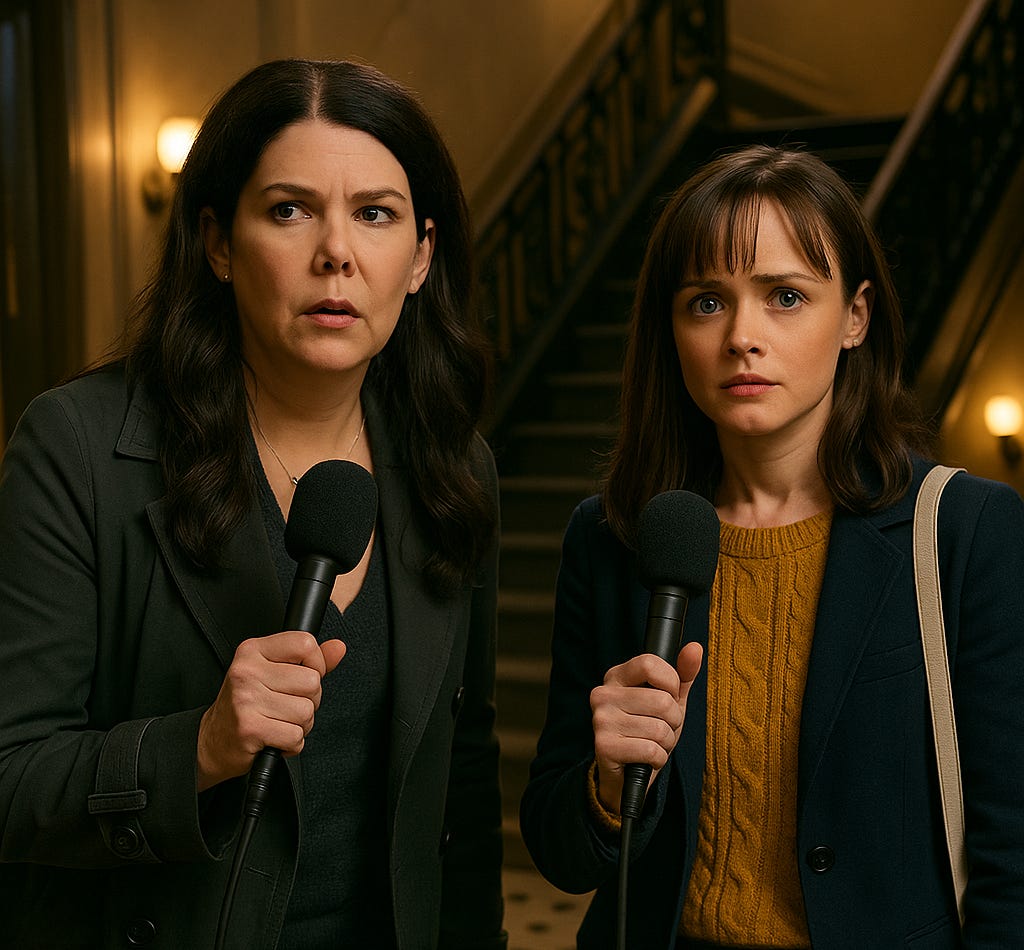AI-Generated Fan Art Crossover of Lorelai Gilmore and Rory Gilmore solving a mystery in Only Murders in the Building | rmrk*st | Remarkist Magazine