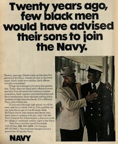 Advertisement with two men to the right, one with his arm around the other man and his hand on the other's chest.