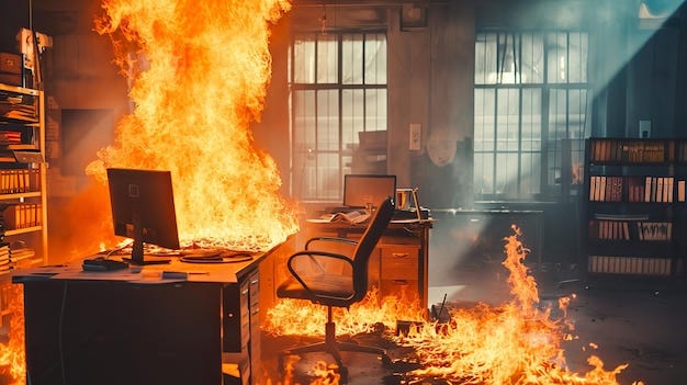 Image of an office engulfed in flames, symbolizing startup chaos and constant firefighting before a company matures into a scalable, legible system that investors and acquirers can understand.
