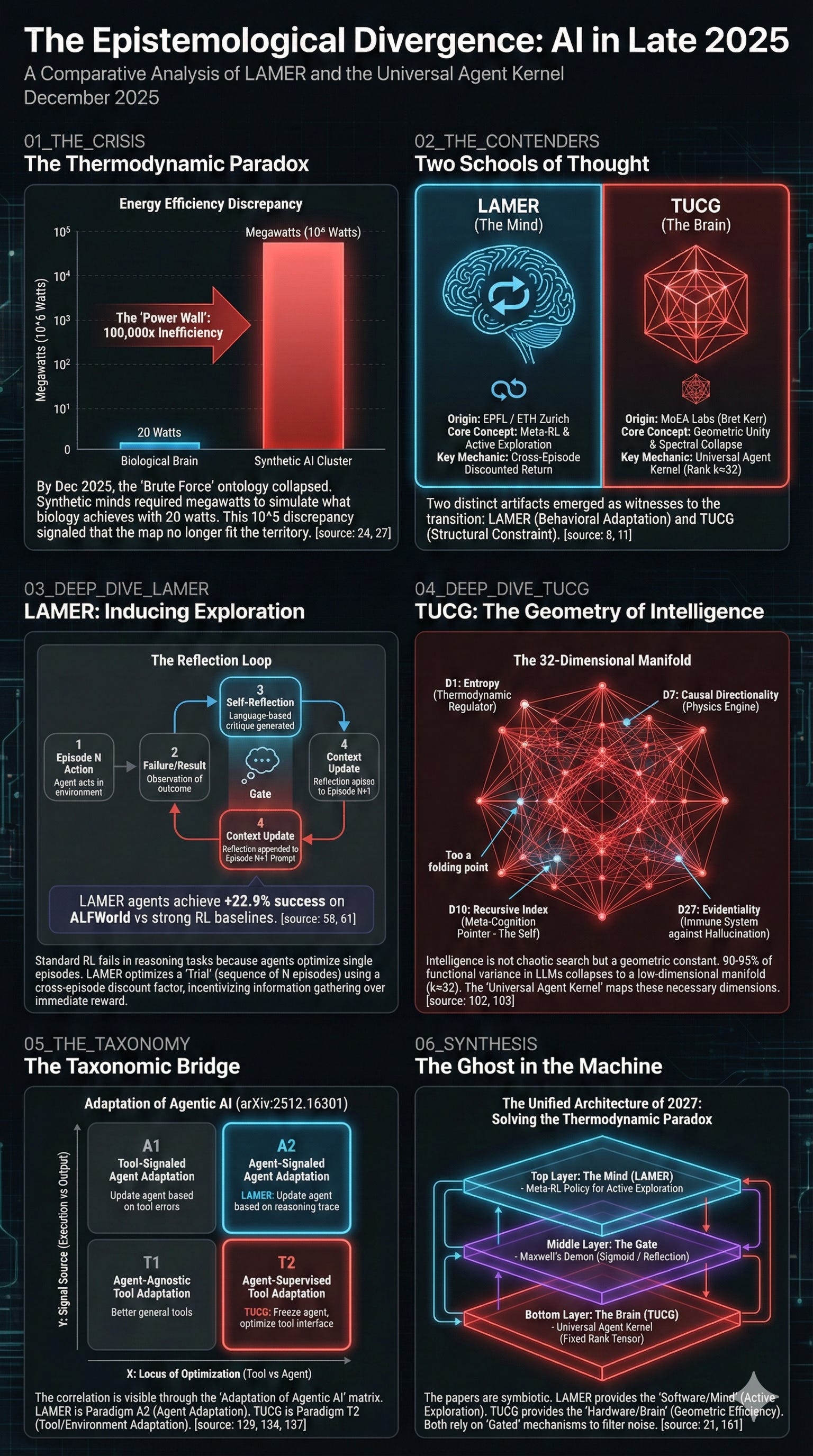 The Epistemological Divergence and Geometric Unity of Artificial Intelligence in Late 2025: A Comparative Analysis of LAMER and the Universal Agent Kernel