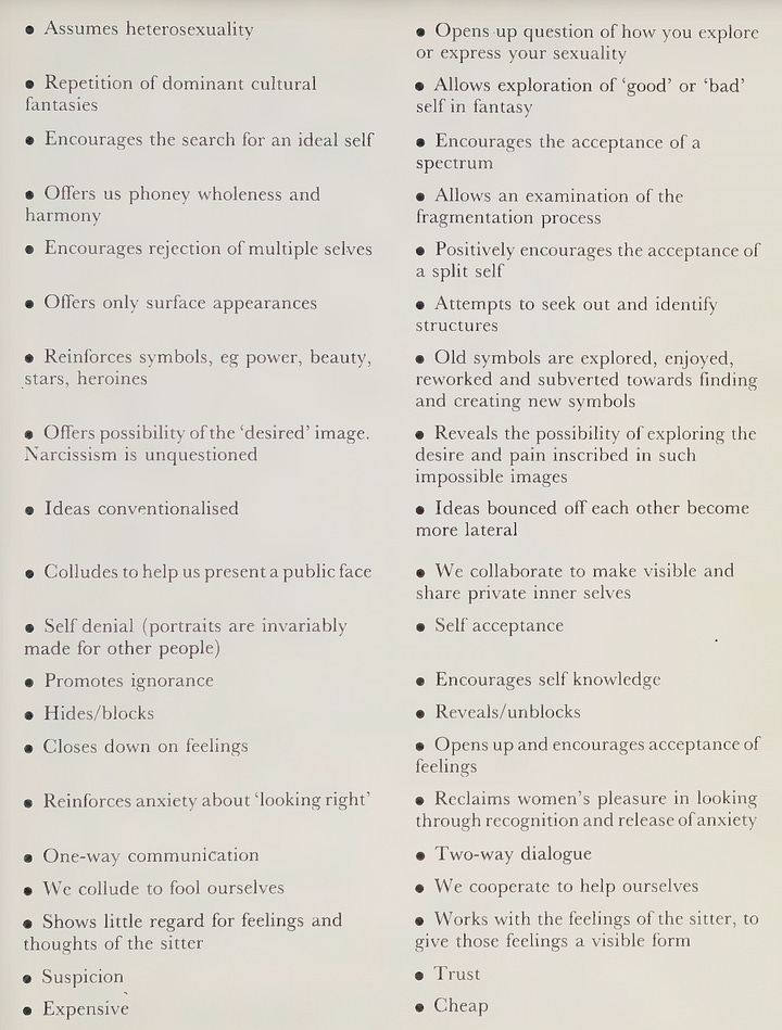 PORTRAITURE PHOTO THERAPY • Photographer has control • Sitter and photographer create together • Traditional methods of encoding used • Evolving methods, working against the grain • Replicates a known ideal • Transforms • Naturalizes • Exposes the construction of the 'natural' • Closed, flattering • Open ended, revealing • Product based • Process based • Universalizes • Particularizes, personalizes • Image 'improved' and manipulated • Image production process exposed • Single image, chosen from many • Multiple images, narrative fragments • Single stories • Matrix of narratives • Makes statements • Asks questions • Freezes in time • Opens time out; looks at past, present and future • The 'perfect moment' • The perfect moment is challenged • De-historicises • Places you back in your own history, and allows you to ask questions of the dominant discourse of history • Concentrates on special events • Looks at everyday events • Makes sweeping statements • Shows important tiny details, and thereby validates them • Stereotypes • Shows individuality • Confers'status' and 'importance' • Examines power and powerlessness (respectability); offers image of social mobility • Reinforces stereotypes (blocks our • Unblocks perceptions; gives permission perception of ourselves and others) to change • Constructs definitions of 'ugliness' • Allows us to examine our failure to live whilst creating, defining and fetishizing out such fictions beauty • Self hatred • Selflove (making portraits for ourselves)