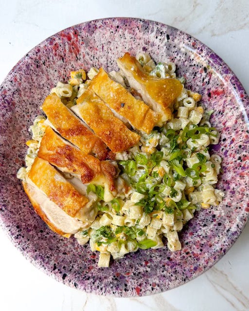 Creamy Corn Pasta Salad with Crispy Chicken