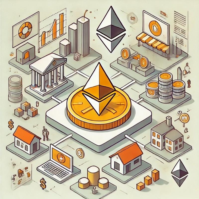 A simplified cartoon-style illustration focused on the tokenization of real-world assets, using a clean layout with an orange and white color palette. The central element is a digital token transforming a single real-world asset, like real estate, into fractional ownership. The Ethereum symbol is clearly visible but not overdone. Around the main asset, there are minimal abstract representations of financial institutions and regulatory documents, keeping the overall scene uncluttered and easy to understand. The background is simple, highlighting evolving infrastructure in a fresh, modern style, emphasizing clarity and focus without any text.