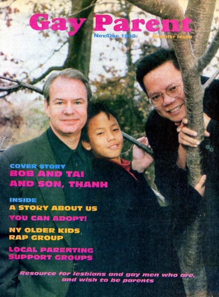 First cover of Gay Parent Magazine showing two dads and their son.