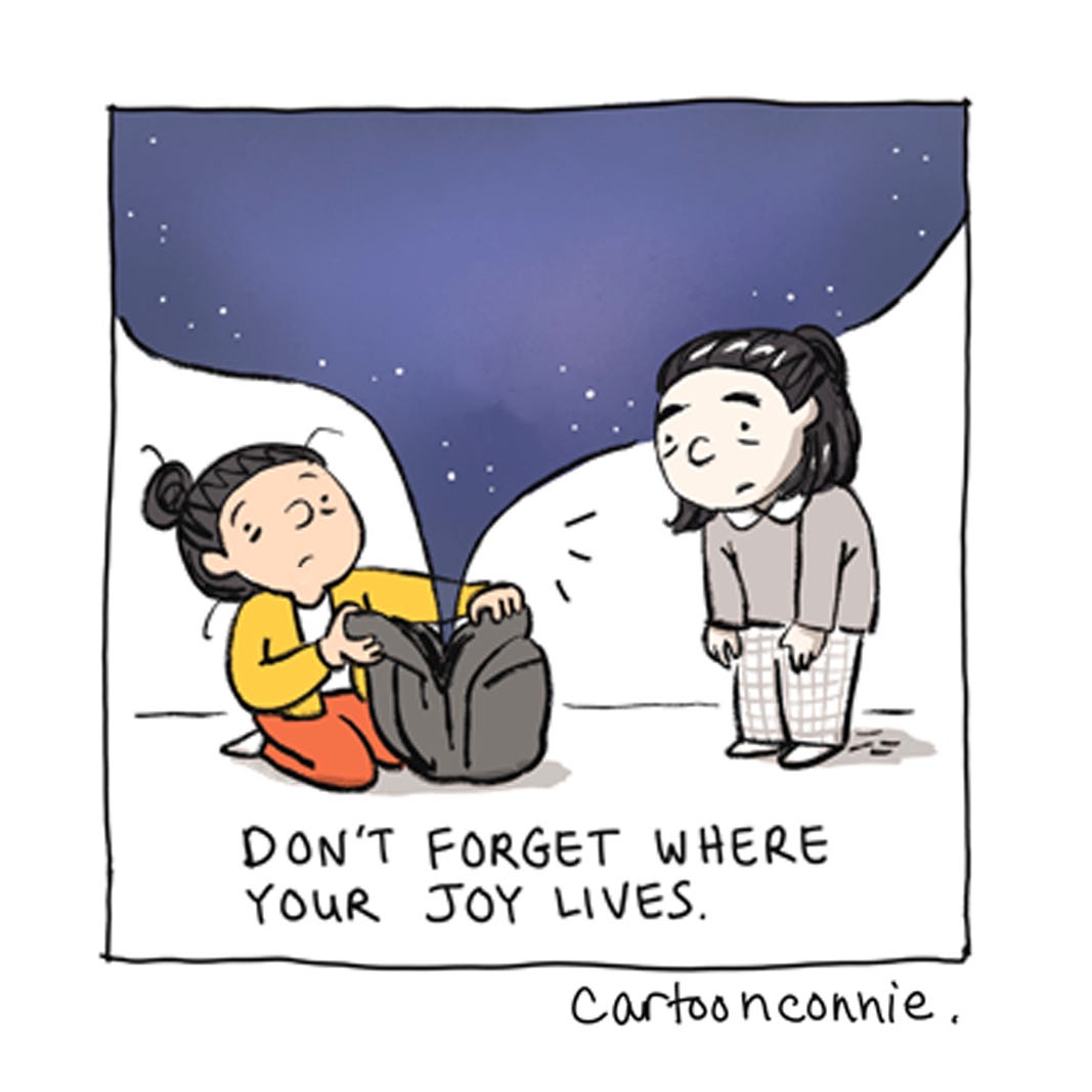 Panel 5 from a 6-panel comic strip about forgiving yourself and loving yourself, titled "A Valentine To My Younger Self." Original art by Connie Sun, cartoonconnie, 2026.