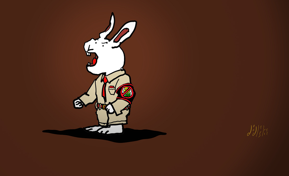 A dark satirical cartoon of a bunny in a military tan uniform with bright red tie against a dark brown background. The bunny is shouting and has an armband that shows a flower with the red circle with a slash symbol over it, meaning flowers are forbidden. Art by Doodleslice 2025