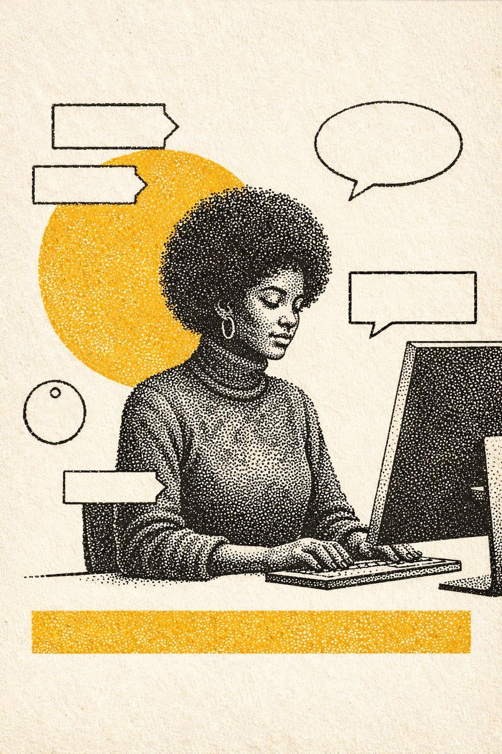 woman with afro hair in front of a computer with speak bullets in many places as she thinks