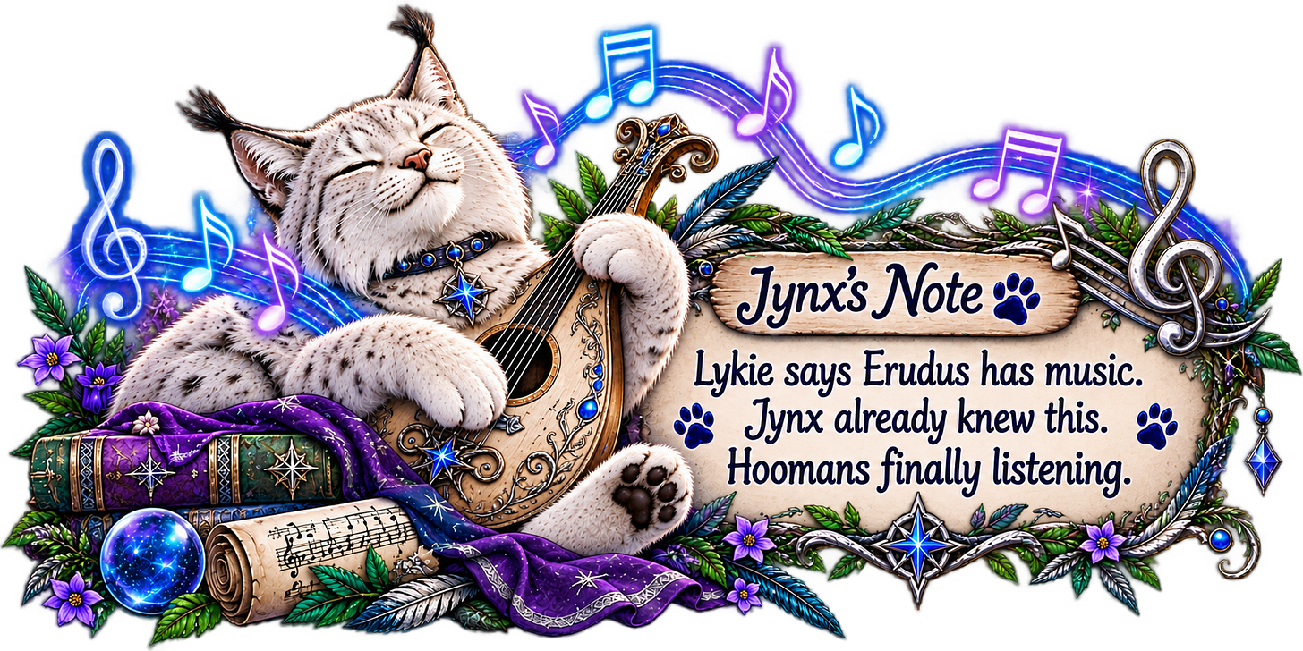 Lykie say Erudus have music. Jynx already Know. Hooomans finally listening. Lykie say Erudus have music. Jynx already Know. Hooomans finally listening.