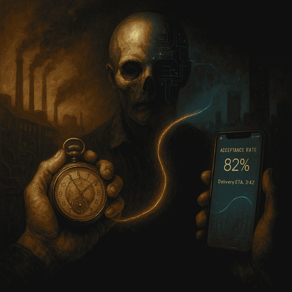 Stylized image showing the evolution of labor control from the stopwatch (Taylorism) to algorithmic management (TensorFlow). Skeleton head with circuit board half-face.