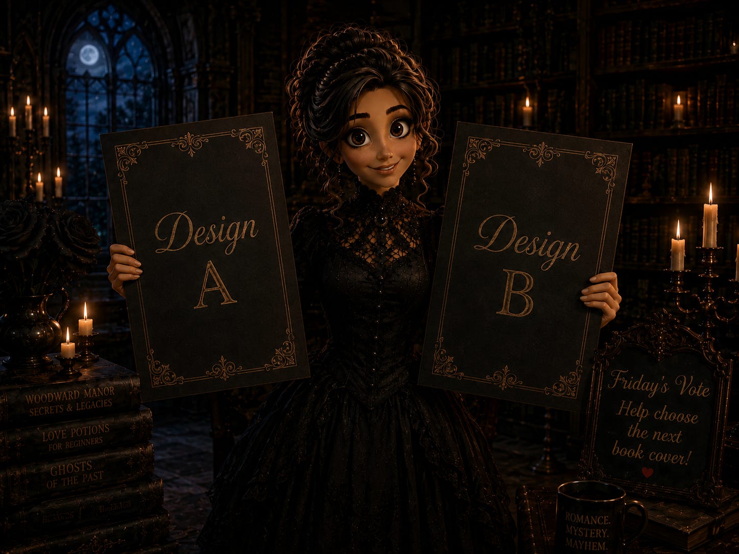 Gina Thornwood’s gothic avatar stands in a candlelit manor library holding two ornate black boards labeled Design A and Design B, inviting Thornwood Coven members to help choose the next book cover.