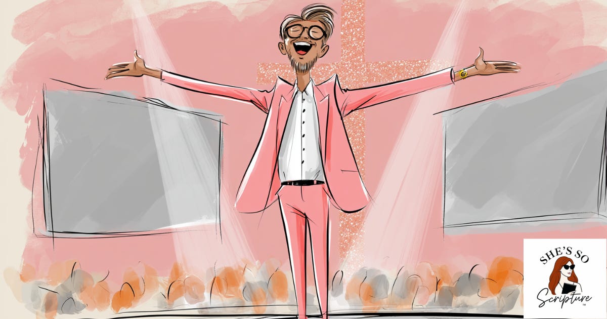Whimsical fashion illustration of a prosperity preacher on a grand stage, arms outstretched under a spotlight, giant screens and gold cross behind him, in blush pink and cream watercolor tones. Whimsical fashion illustration of a prosperity preacher on a grand stage, arms outstretched under a spotlight, giant screens and gold cross behind him, in blush pink and cream watercolor tones.