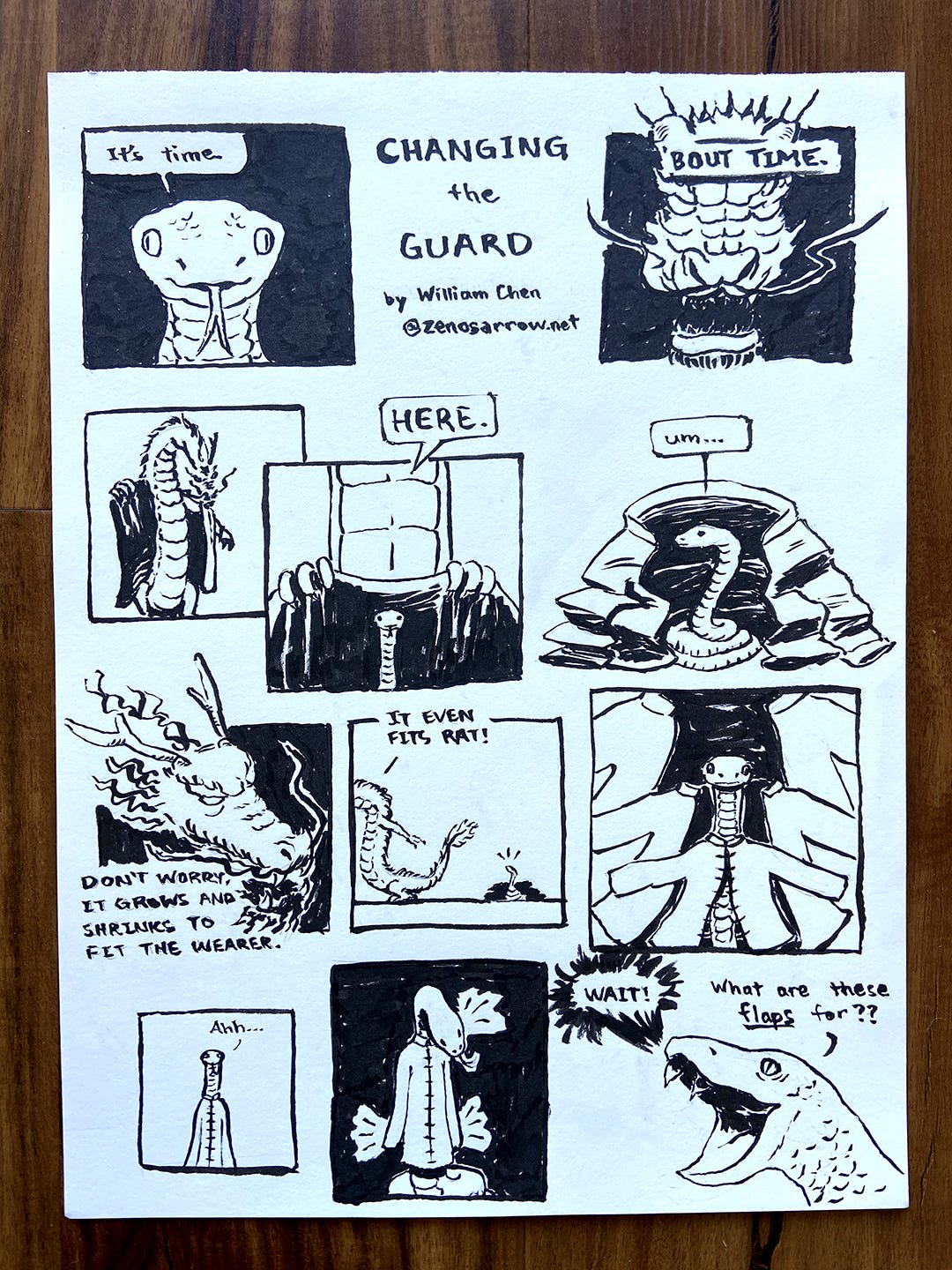 A one-page comic titled "Changing the Guard", in which Snake (2025's zodiac animal) takes over from Dragon, and discovers that its body is different in an important way than all the other zodiac animals' bodies. A one-page comic titled "Changing the Guard", in which Snake (2025's zodiac animal) takes over from Dragon, and discovers that its body is different in an important way than all the other zodiac animals' bodies.
