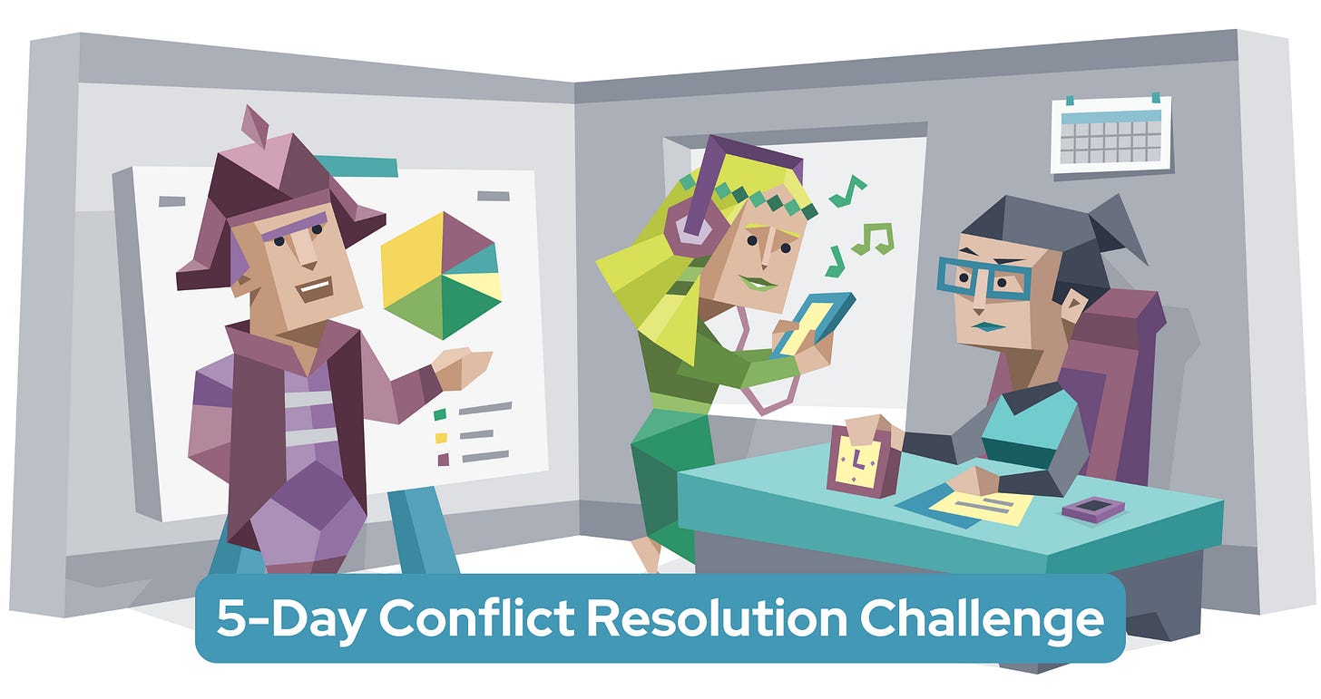 Three colleagues are in an office talking. A woman sits at a desk looking frustrated with the time. A man stands presenting a pie chart while a second woman listens to music. Text reads: 5-Day Conflict Resolution Challenge.