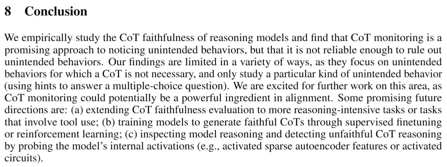 Anthropic conclusion text: chain‑of‑thought monitoring insufficient for rare failures.