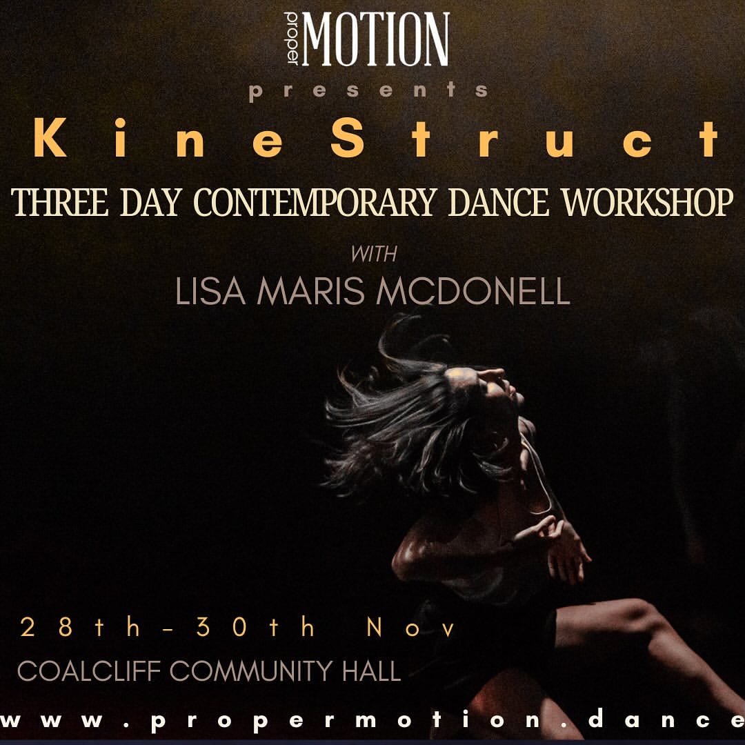 A woman dancing, mid-motion. Bathed in warm light, her head is thrown backwards and her dark hair is flowing. Her arms are folded in towards her chest and her hips are low towards the floor. Behind her is a black background. Around the woman is text information about the KineStruct workshop.
